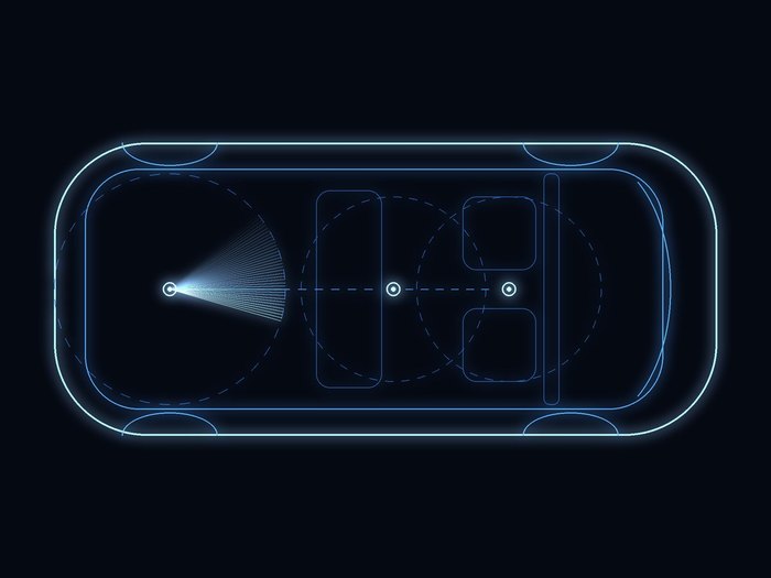 Line drawing of a vehicle seen from above, with three points where the scanner is placed, in the boot, rear cabin and front cabin, and a scan sweeping out from the boot.